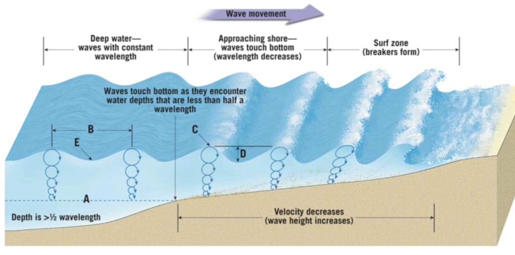 Diagram of wave motion near coastline