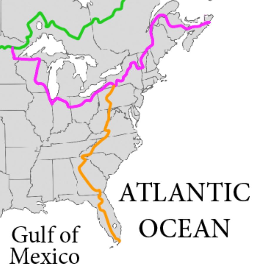 Map of the eastern United States highlighting drainage divides