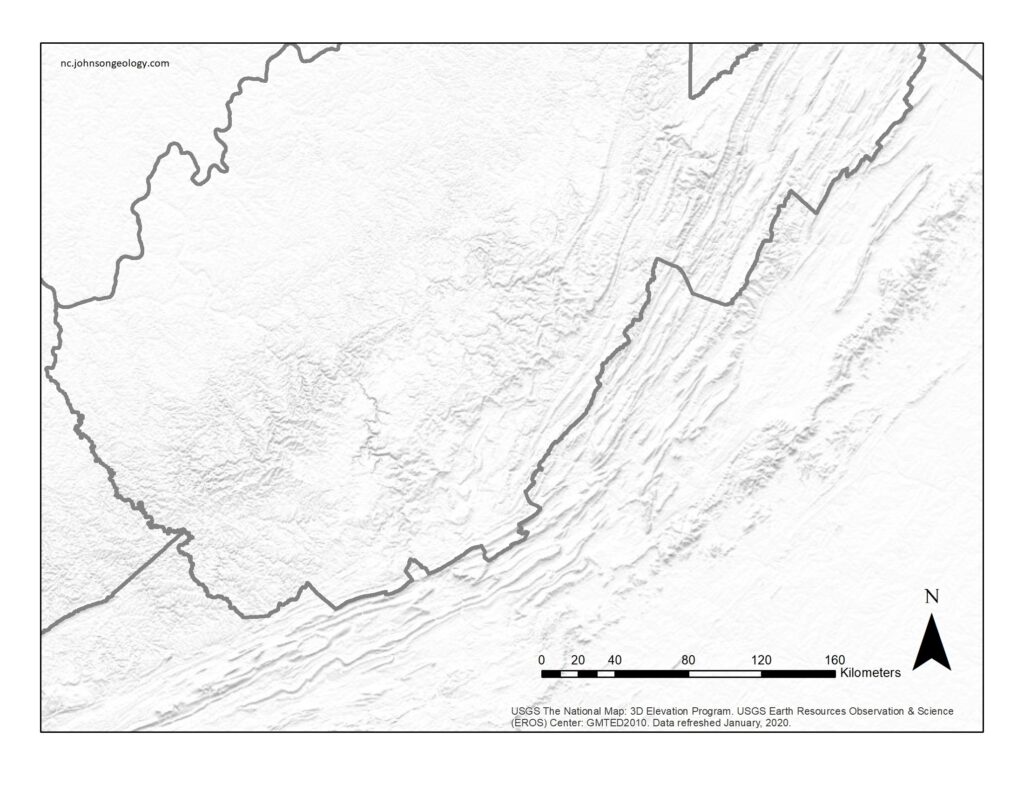 Shaded relief map of valley and ridge province in western Virginia and West Virginia.