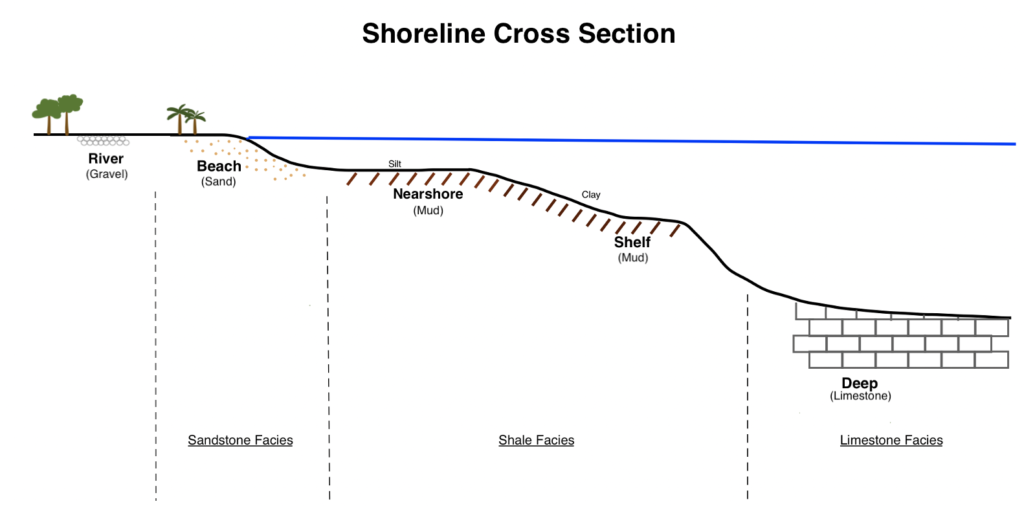 This image is a 2D side profile of a shoreline, ranging from the rivers inland and all the way out to the deep ocean. This image corresponds to the sediments displayed in the Strat Column, and shows where these sediments exist relative to each other in the shoreline.