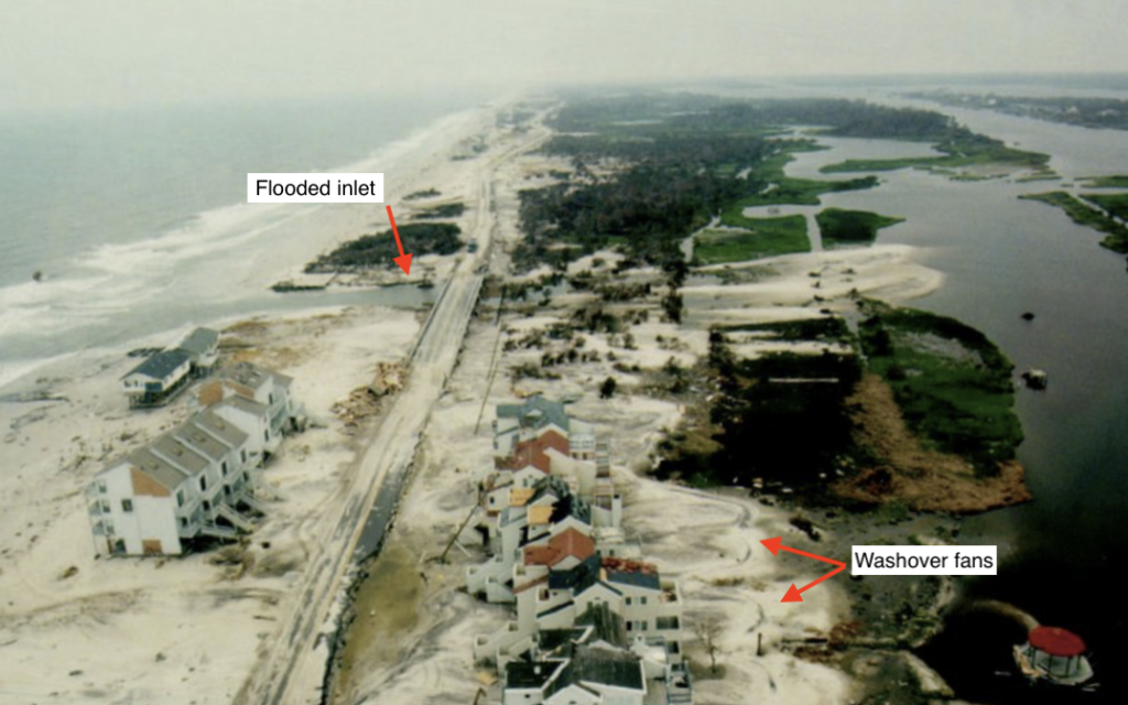 Images shows a flooded barrier island after a hurricane