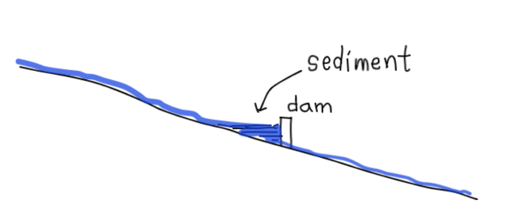 A diagram showing how sediment builds up behind constructed dams.