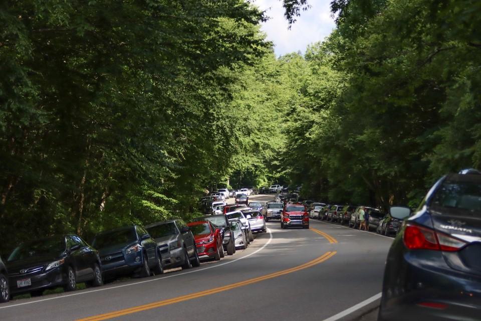 Cars lining the street in the Smoky Mountains as overcrowding is a major issue.