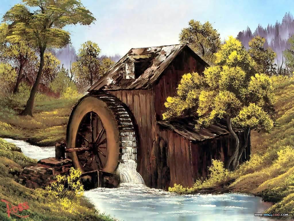 A painting of an old mill along a river done by Bob Ross.