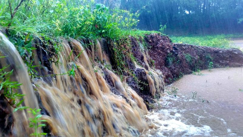 Rain causing soil erosion and gully formation.